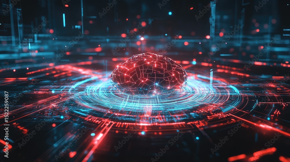 Poster futuristic concept of a digital brain surrounded by network connections and data streams in a high-t