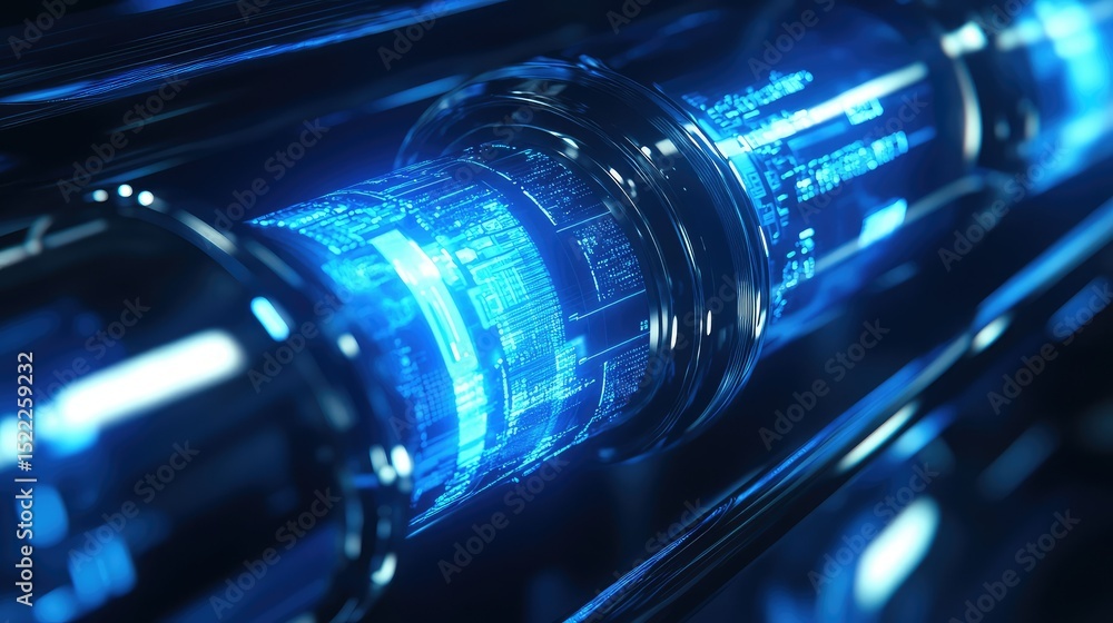 Poster futuristic digital network pipe with glowing blue data stream and light reflections in cyber environ