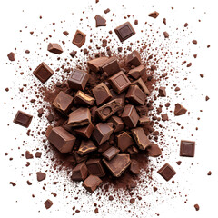 Aerial view of a pile of chocolate squares and cocoa powder on a black background