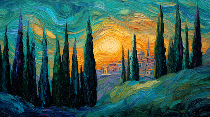 art magazine feature on color and soul | inner vision through landscape | hope through despair | emerald and gold | expressive verticality | twisting cypress trees | scumbled highlights | layered