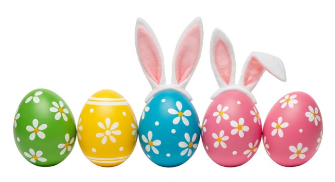 Isolated Colorful Easter Eggs with Bunny Ears Decoration on Transparent