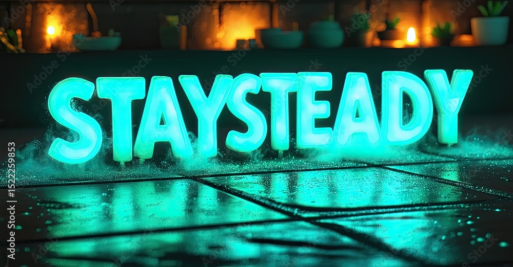 Poster neon sign displays staysteady. wet surface reflects light, creating vibrant glow. background shows b