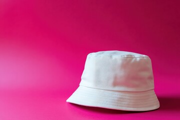 White bucket hat against a hot pink background.