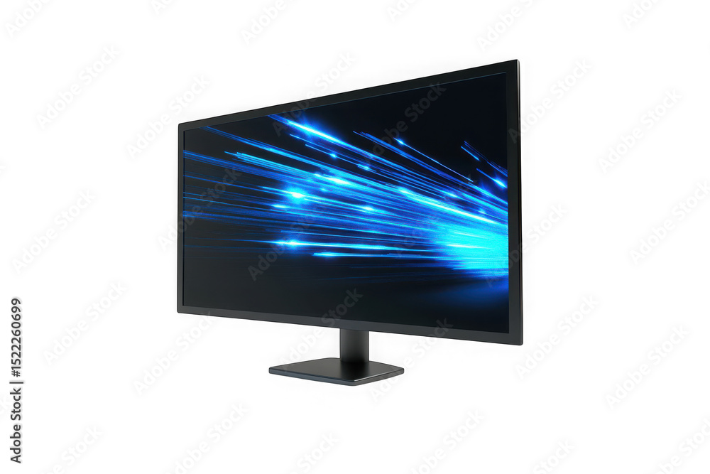 Wall mural modern computer monitor display with blue light streaks visuals technology screen isolated on transp