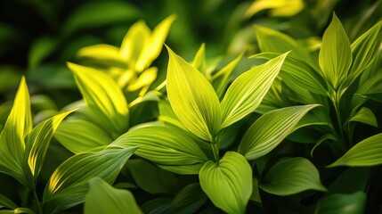 Obraz premium Lush Green Foliage with Sunlight Highlighting Textured Leaves in a Vibrant Natural Setting, Ideal for Nature and Botanical Themes in Photography Projects