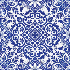 Blue and White Porcelain Tile Seamless Pattern &ndash; Intricate Floral & Geometric Delftware-Inspired Design