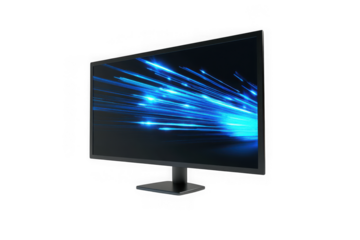 Modern computer monitor display with blue light streaks visuals technology screen isolated on transparent background
