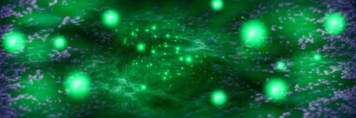 A deep green cosmic background filled with glowing emerald particles radiant orbs luminous bursts soft textures shimmering gradients mysterious starfield space atmosphere depth
