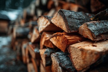 A pile of wood logs with a few of them being wet