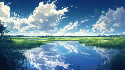 Serene Landscape with Clear Water Reflections, Lush Green Grass, and Bright Blue Sky Featuring Fluffy Clouds in a Peaceful Nature Setting