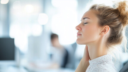 Woman relaxing at desk while massaging her neck in a modern office environment