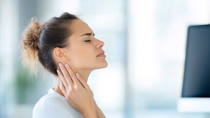Woman at desk relieving neck tension during work hours in an office setting