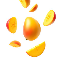 Floating mango slices and a whole mango against a plain black studio background view
