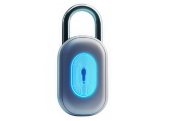 Futuristic smart lock with fingerprint scan, digital security system, biometric access control, cyber security, isolated on transparent background