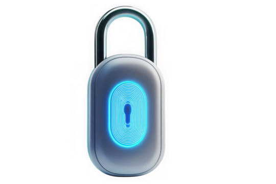 Futuristic smart lock with fingerprint scan, digital security system, biometric access control, cyber security, isolated on transparent background - Powered by Adobe
