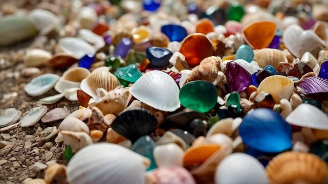 Abundance of seashells and colorful sea glass, creating a natural textured background with vibrant colors and seaside treasures.