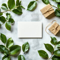 Blank white card surrounded by fresh green leaves and kraft gift boxes. ai generated