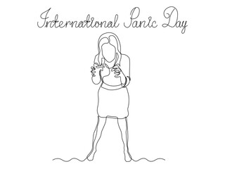 International Panic Day. Girl,woman panicking,angry,screaming,nervous,indignant, continuous single line art hand drawing sketch logo
