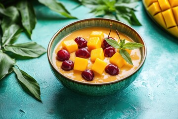 Mango and cherry smoothie in a bowl.