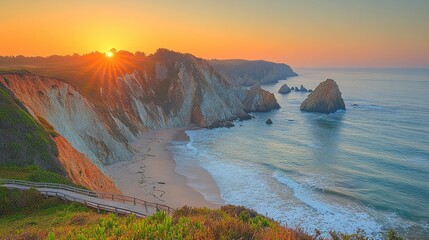 Naklejka premium Coastal sunset over colorful cliffs