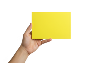 Isolated Hand Holding Bright Yellow Rectangular Card Paper Background