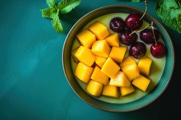 Mango and cherry dessert in a bowl.