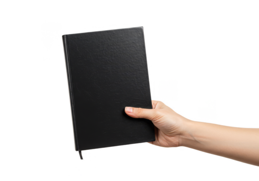 Isolated Hand Holding Black Notebook Against Transparent Background