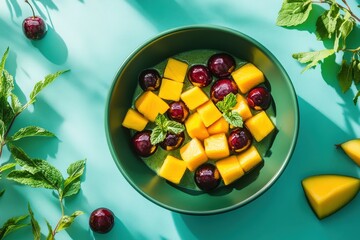 A bowl of diced mango and cherries with fresh mint.
