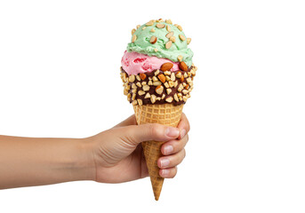 Isolated Hand Holding Ice Cream Cone with Pink Green Scoops Nuts