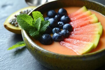 Healthy smoothie bowl with watermelon and blueberries.