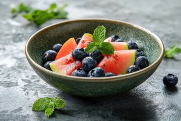 Watermelon and blueberry fruit salad in a bowl.