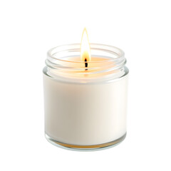 A single white candle burning in a clear glass jar against a black background view