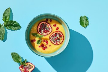 Vibrant smoothie bowl topped with passion fruit and pomegranate.