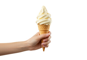 Isolated Hand Holding Vanilla Ice Cream Cone Dessert on Transparent Background