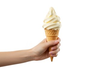 Isolated Hand Holding Vanilla Ice Cream Cone Dessert on Transparent Background