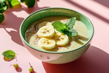 Smoothies with banana slices and mint leaves in a bowl.