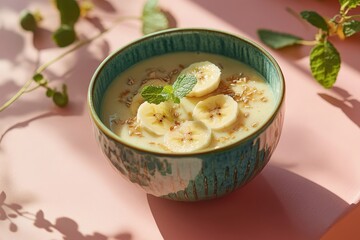 Banana smoothie bowl with mint garnish.