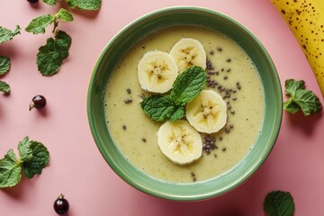 Banana smoothie topped with mint leaves and chia seeds in a green bowl.