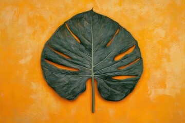 Detailed view of a large, dark green leaf against an orange background.