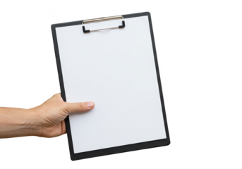 Isolated Holding Hand Showing Blank White Clipboard on Transparent