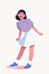 Happy Girl in Purple Shirt and White Skirt jumping joyfully with blue shoes