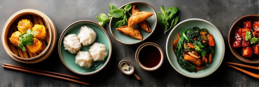 Cantonese cuisine dishes displayed on dark tabletop, siu mai, har gow, spring rolls, and stir fried vegetables