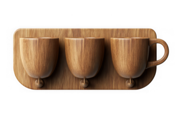 Wooden coffee cup holder rack with three cups, kitchen organizer, rustic home decor, 3d render isolated on transparent background