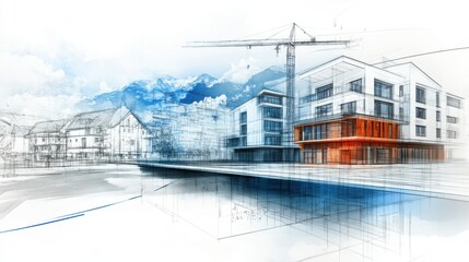 Digital illustration showcasing architectural design and construction of a modern residential complex along a waterfront