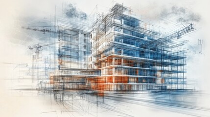 This visual portrays a detailed digital rendering of a contemporary residential development, featuring architectural sketches and blueprints by the water, surrounded by greenery.