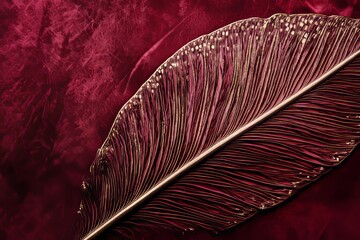 Detailed view of a metallic leaf design on a burgundy background.