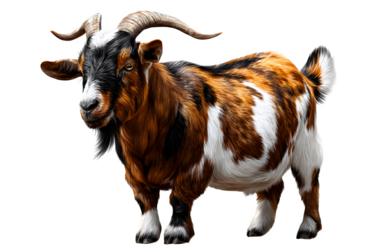 Side profile of Boer goat with strong horns and muscular build, full body visible, isolated on transparent background --ar 3:2 --v 7.0 --p 537mr6h --s 250