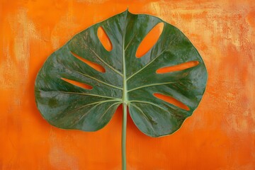 Lush green leaf on an orange background.