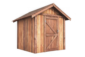 Detailed wooden garden shed structure, outdoor storage unit, backyard shed, wood texture, architecture, garden shed isolated on transparent background