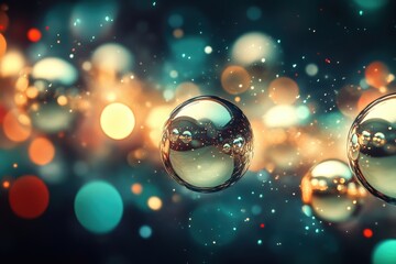 Reflective orbs suspended in a vibrant, bokeh-filled space.